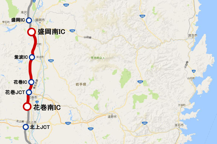 東北道で制限速度の引き上げが予定されているのは赤い部分（花巻南IC～盛岡南IC間約31km）。