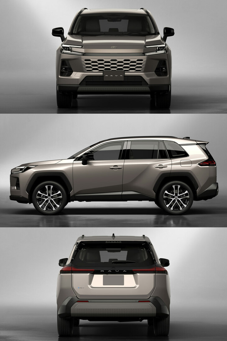 新型「RAV4」の三面図。「Big Foot」（大径タイヤを強調） 、「Lift-up」（高い走破性を想起） 。「Utility」（使いやすい荷室空間）をポイントとしてデザインし、どこへでも行けそうな「RAV4」らしさを表現したとしている。