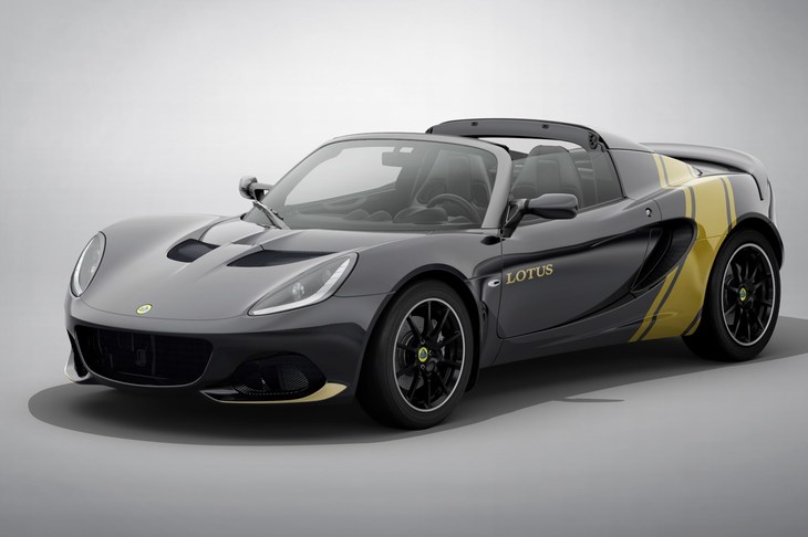「ロータス・エリーゼ クラシックヘリテージエディション」。カラーリングはF1で5度の勝利を手にした「ロータス・タイプ72D」がテーマの「ブラック／ゴールド」。