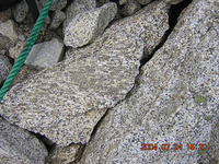 断層面付近の岩と推測できる。岩のなかの黒い模様の部分に注目。断層のために擦られて、模様が変形している。