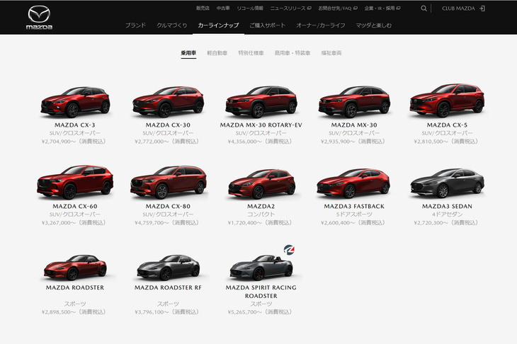 日本におけるマツダのオフィシャルサイトより。ご覧のとおり、同社のラインナップはほとんどがSUVとコンパクトハッチバックで占められているのだが……。