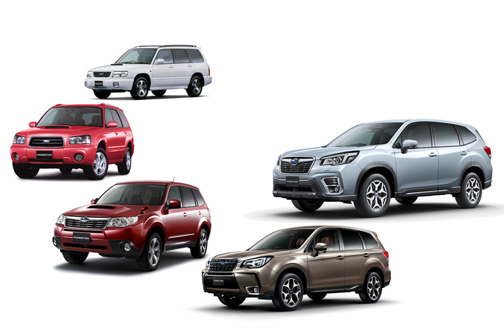 歴代「フォレスター」。キープコンセプトだった初代と2代目、3代目と4代目も、見比べると明確なイメージの違いが感じられる。