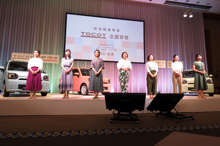 2018年6月に行われた「ミラ トコット」の発表会にて、ステージに並ぶ社内プロジェクトチームの皆さま。