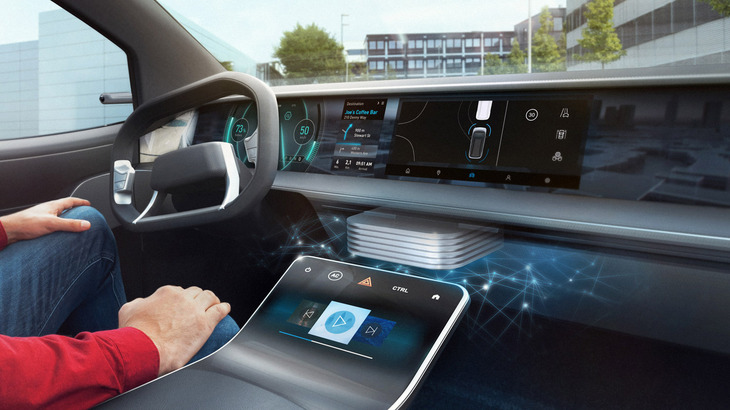 AI搭載コックピットのイメージ。車載機器やコネクテッドサービスの多くが音声で操作可能となるのはもちろん、ボッシュのシステムは日本の方言にも対応するという。