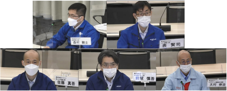オンライン説明会にて話をうかがった開発関係者。上段左からBluE Nexusの森村剛士氏と表 賢司氏、下段左からアイシンの佐藤真吾氏と前塚慎吾氏、デンソーの大村伸治氏。
