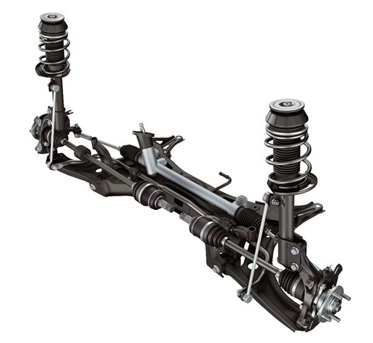 軽さと高剛性を両立させたとうたわれる、フロントのサスペンション。