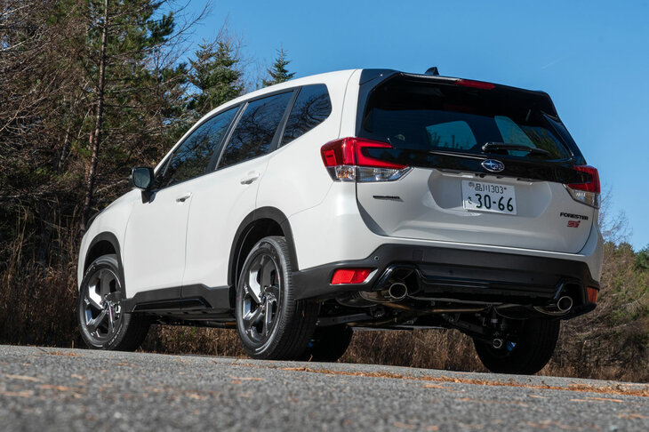 「STI Sport」のボディーカラーは白や黒などの無彩色のみ。バンパーガードやサイドクラッディングなどがいずれも黒で統一されていることから、一目でそれとわかる。（写真：向後一宏）