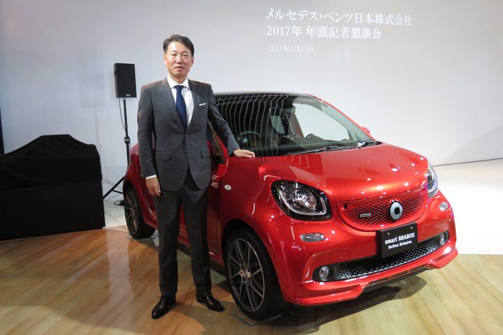 メルセデス・ベンツ日本の上野金太郎社長と、「スマートBRABUSフォーフォー エクスクルーシブ」。