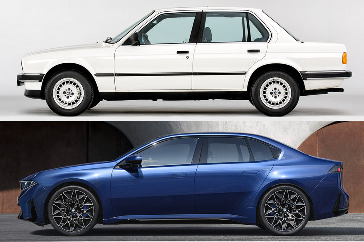 1982年登場の「E30」こと2代目「3シリーズ」（上）と、新型「i3」（下）のサイドビュー。ボディーに対するキャビンの位置や、フロント／リアの高さ感などに注目。