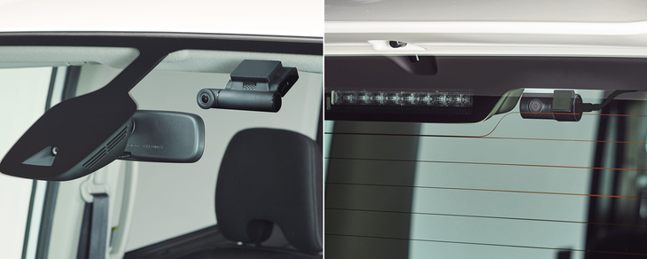 VREC-DZ700DLCの装着例。左がフロント、右がリア。どちらも上下幅の小さい薄型設計なので視界を妨げることが少ない。