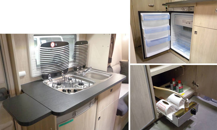 ガスコンロの下には3ウェイ（ガス、AC100V、DC12V）式冷蔵庫とエネルギー源のガスボンベが備わる。日本ではプロパンガスの充塡（じゅうてん）が課題なので、カセット式ガスボンベ仕様になる。