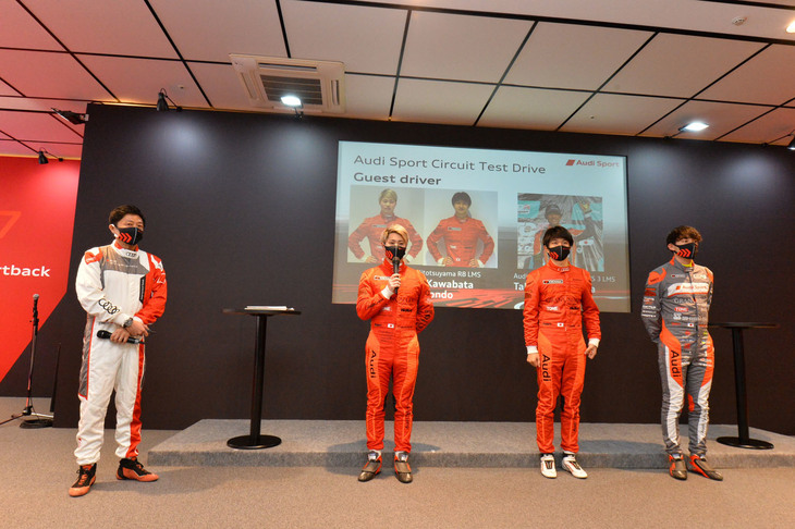 同乗体験でドライバーを担当した、Hitotsuyama Racingのレーシングドライバー。写真右から、篠原拓朗選手、近藤 翼選手、川端伸太朗選手。