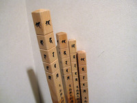 歩くと靴も減るが、ヒノキの金剛づえも減って短くなる。これは二人の二回分。4本の長さは、もともとは皆同じ。長めの2本が去年、短めの2本が今年。より頻繁につえに頼る家内の方が減るが、今年は特に雨が多かったために、二人とも去年よりもだいぶ短くなった。水に濡れると木が柔らかくなるのだろう。靴もつえも体脂肪も、皆減るものだ。