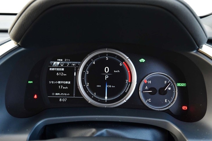 「RX450h“Fスポーツ”」のメーターパネル。選択した走行モードにより液晶部分のグラフィックが変化する。