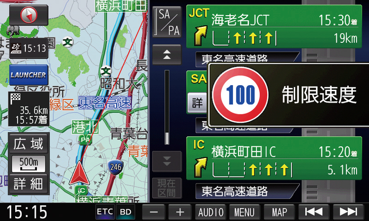 高速道路走行中は右側画面にICなどの模式図が表示されるが、速度を超過すると、その部分に制限速度を超えて走っていることを示す注意画面が割り込む。一般道でも同様の表示。