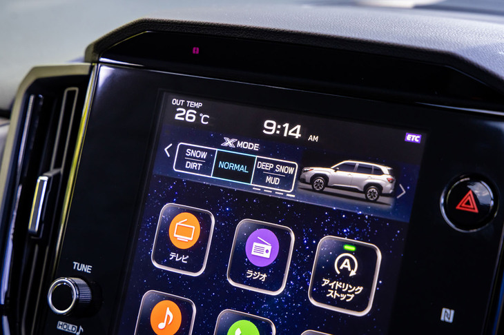 上段に「X-MODE」の操作画面を配置した11.6インチのセンターディスプレイを全グレードに採用。スバル自慢のX-MODEには、「SNOW／DRIFT」「NORMAL」「DEEP SNOW／MUD」の3種類の走行モードが用意されている。X-MODEには、作動中に急な下り坂で車速が上がりすぎないようにブレーキを制御する、ヒルディセントコントロールも組み込まれている。