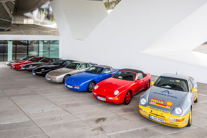 試乗会場に並べられたポルシェの歴代FRモデル。今回は「924」「924カレラGT」「944ターボ」「928S」の4台を試した。