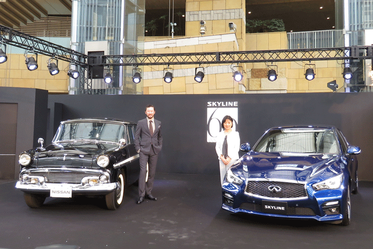 六本木ヒルズアリーナの特設ステージには、初代「プリンス・スカイライン」と現行型をベースとした記念モデル「60th limited」が置かれ、日産の星野朝子専務執行役員とともに、俳優の浅野忠信さんがイベントに華を添えた。