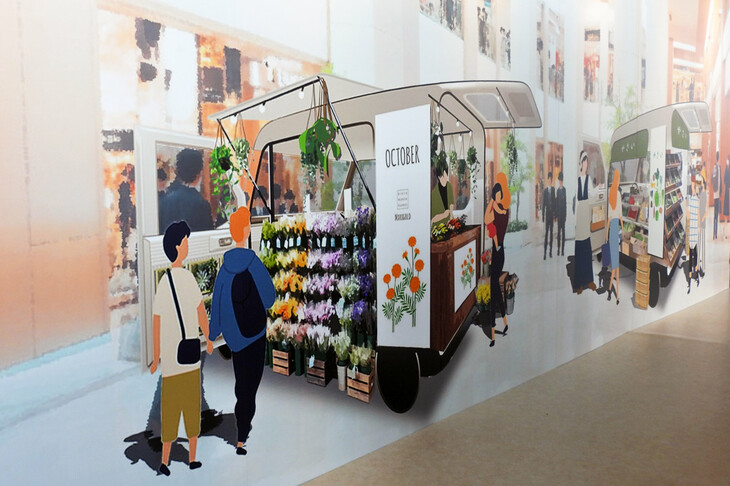 カーデザイナーが描いたという、ショッピングモールでのマルシェの様子。消防法により、エンジン車を屋内に乗り入れることは実質不可能となっているが、EVではそれができるのだ。