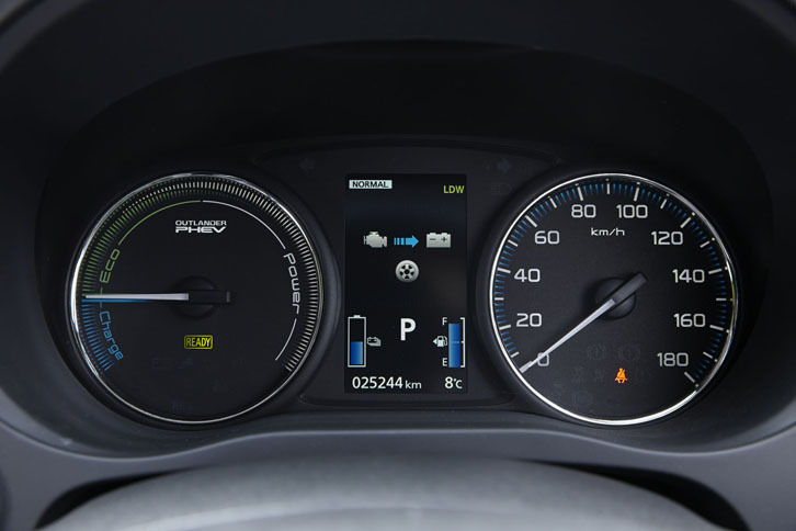 計器盤は、左にパワーメーター、右にスピードメーターをレイアウト。中央にはマルチインフォメーションディスプレイが備わる。