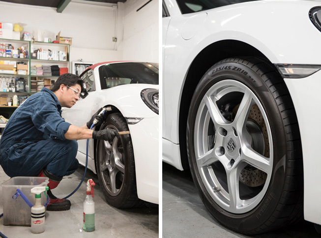 クルマに装着したままでもブラシや薬剤を使って完璧に洗浄するノウハウが千葉ガレージにはある。ブレーキキャリパーまで完全にピカピカに。
