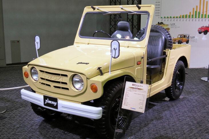 1970年登場の初代「ジムニー」。カタログを飾るキャッチフレーズは「男の相棒」「自然に挑戦する男のくるま」という硬派なものだった。