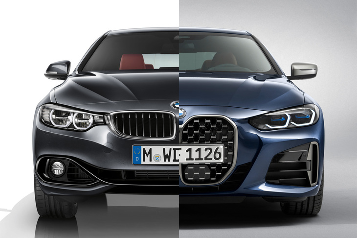 初代（写真向かって左）と現行型（右）の顔まわりの比較。ボンネットフード前端の切り欠きの位置や、丸いエンブレムの高さと向きにご注目。ナンバープレートの形の違いで距離／パースが合っていないのがバレバレだが（笑）、言わんとしていることはわかってもらえると思う。