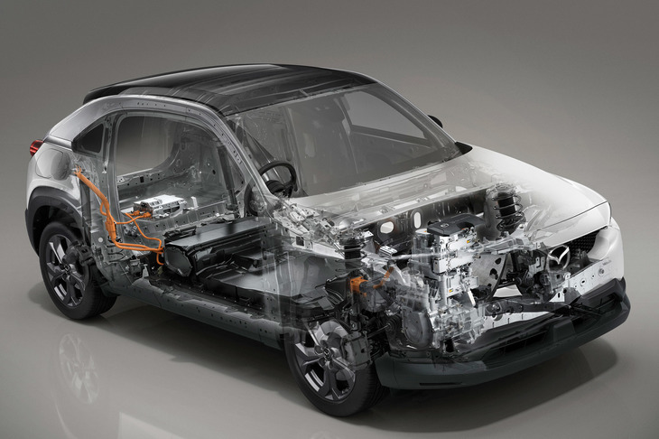 マツダ初の量産EVとなった「MX-30 EVモデル」の透視図。