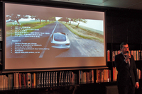 リモート駐車機能「サモン」は、今後日本に導入されるテスラの新型車「モデルX」「モデル3」にも搭載される。写真は、モデル3について説明する、テスラモーターズジャパンのニコラ・ヴィレジェ代表取締役社長。