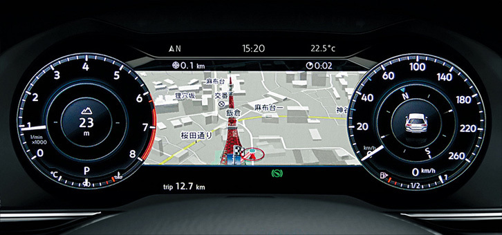 「TSIハイライン」にオプション設定される「デジタルメータークラスター」。写真のように、カーナビの画面を大映しにできる。