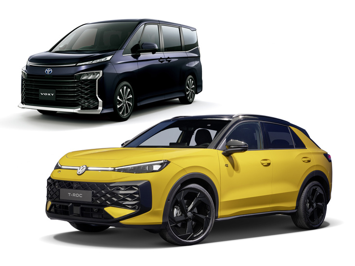 現行型「トヨタ・ヴォクシー」（写真左上）と、「IAAモビリティー2025」で発表された新型「フォルクスワーゲンTロック」。どちらも立派なプレデター顔だが、ちゃんと20世紀フォックスにデザイン使用料を払っているのかしら？