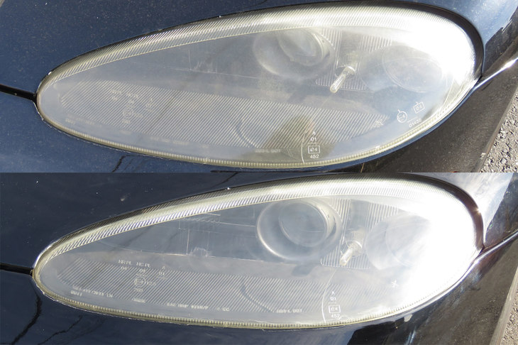 （写真B）くもり落としの前（上）と後（下）のヘッドランプの比較。目で見ると一目瞭然なのだが、素人の写真だとイマイチ伝わりづらい。「やっぱりプロのカメラマンはすごいんだな」と、当たり前のことを思った次第である。