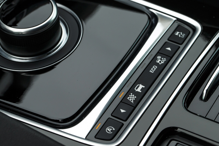 ダイヤル式のATセレクターの手前には、走行モードの選択スイッチがレイアウトされる。