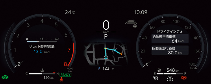 視認性の改善が図られ、運転支援情報の表示変更が行われたメーターパネル。