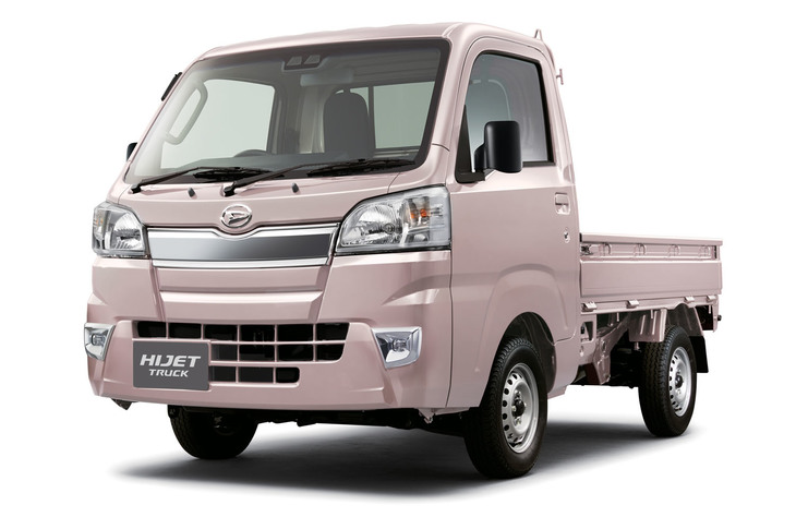 2018年5月の一部改良で、緊急自動ブレーキや車線逸脱警報などからなる「スマートアシストIII t」を採用した「ダイハツ・ハイゼット トラック」。こちらのボディーカラーは「ライトローズマイカメタリック」。