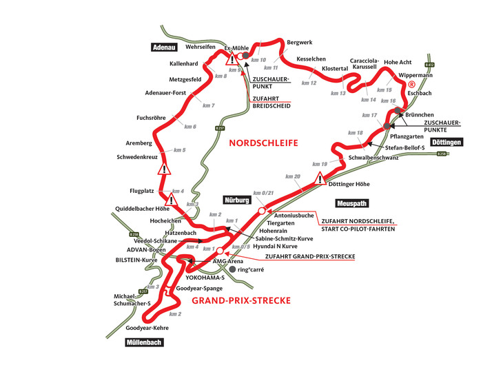 赤いラインがドイツ・ニュルブルクリンクの北コース（ノルドシュライフェ）。現在のコース長は20.832kmで、33個の左コーナーと40個の右コーナーがあり、最大高低差は300mにも達する。