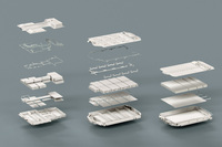 ボルボのバッテリーパックの世代ごとの比較。現行の第1世代（左）はセンタートンネルを活用してバッテリーを搭載するが、2022年に実用化する第2世代（中央）ではフラットなフロアを実現する。そして2020年代半ば以降に実用化する第3世代（右）では、バッテリーセルを構造部材として活用。バッテリーパックを車体と一体化し、車体剛性の向上と軽量化の両立に活用するとしている。