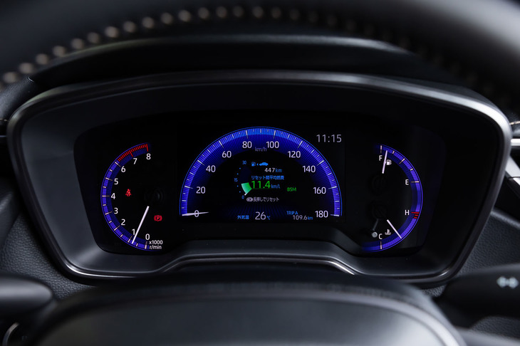 「W×B」グレードには、オプティトロンメーターと7インチTFTカラーマルチインフォメーションディスプレイが標準装備となる。写真はスピードメーター（中央部分）をアナログデザイン表示にした様子。