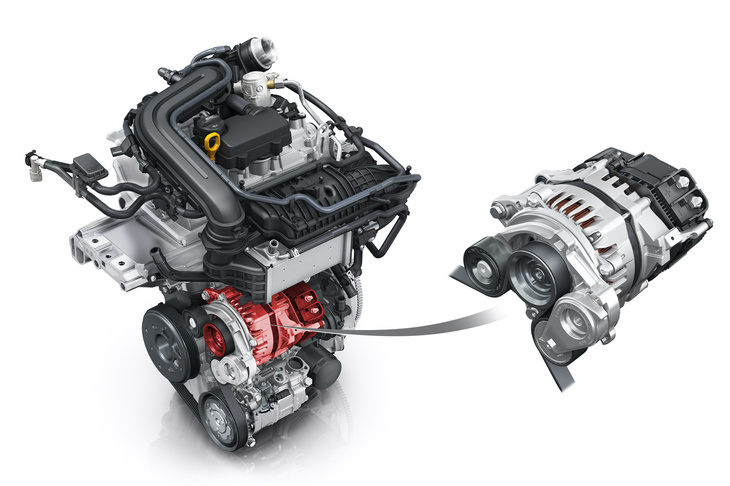 「BSG」は、ベルトとプーリーを介してエンジンのクランクシャフトとつながっている。