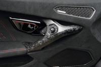 ドア内側のアシストハンドルもフォージドカーボン製。織物のカーボンとは異なり、独特の模様を持っている。このフォージドカーボンは内装のいたるところに使用されており、軽量化対策が徹底していることをうかがわせる。