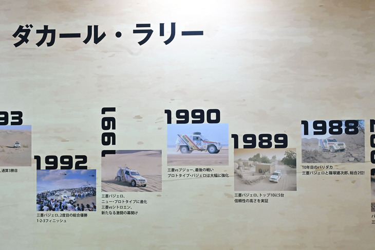 三菱のダカールラリーの戦歴をまとめたパネル展示（右から左へ時代が推移）。