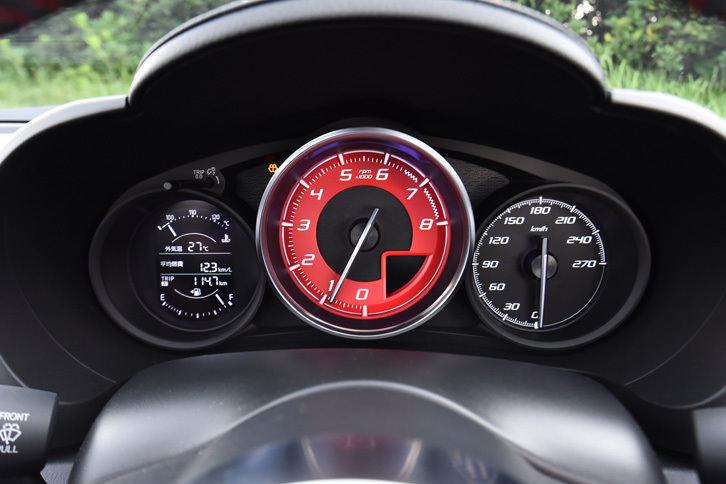 
	メーターは3眼式。赤い文字盤が目を引くエンジン回転計には8000rpmまで目盛りが振られているが、エンジンのレブリミットは6500rpmとなっている。
	