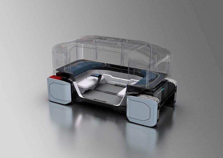 「クライムビー」の透視図。対面シートの一方は、コントロールパネルをはさんだセパレート型。