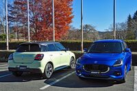 新色の「クールイエローメタリック」（写真向かって左）と「フロンティアブルーパールメタリック」（同右）。後者はスズキの100周年に当たる2020年へ向けて企画された色だが、コロナ禍などもあって開発が遅れ、この新型「スイフト」でようやく日の目を見ることとなった。