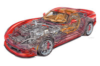 「バイパー」はフレームの上にエンジンなどの各モジュールを載せ、最後に樹脂製のボディーパネルをかぶせる車体構造をしている。こちらの図は3代目バイパーのイラストだが、初代でもこの構造はまったく一緒だ。