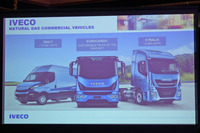 欧州におけるイベコの天然ガス車のラインナップ。写真右の「ストラリス」は、ガスタンクを2つ備え、最大1550kmの航続距離を誇る。