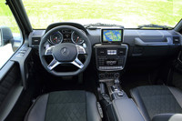 
	真っ平らなフロントウィンドウや奥行きのないダッシュボード形状、助手席の前に設けられた手すりなど、インストゥルメントパネルまわりの様子は標準モデルの「Gクラス」とほぼ同じ。
	