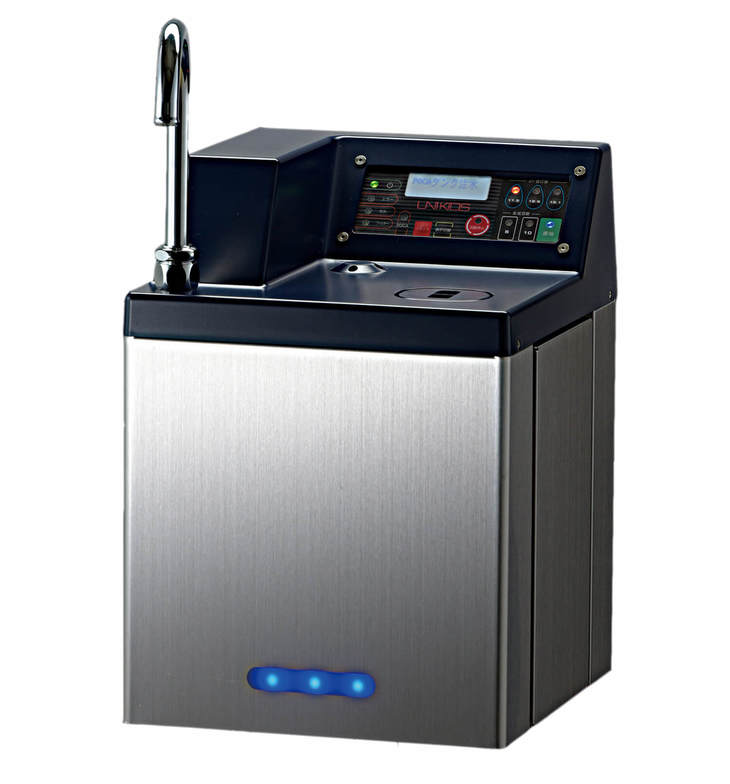 塩素ガス、酸性水を一切出さずに強アルカリイオン水を生成する生成装置。写真は飲食店などでも使いやすいコンパクトなタイプ。