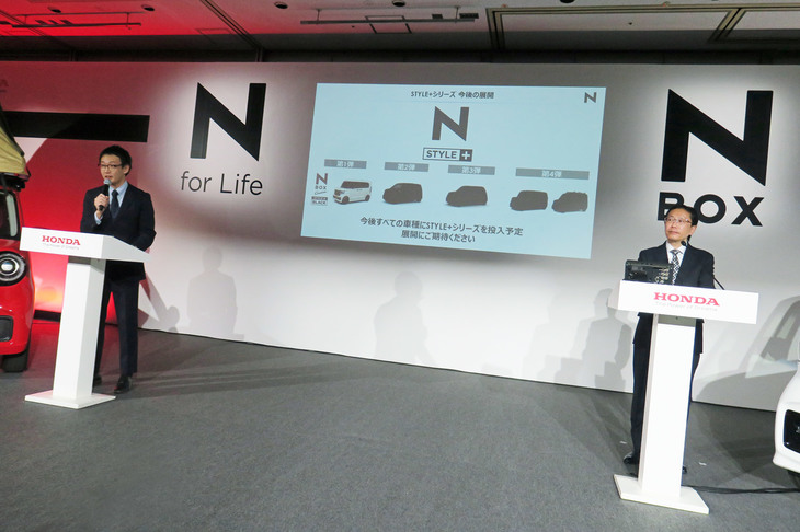 「Nスタイル＋」のコンセプトについて解説する、「N-BOX」商品企画担当の矢野達也氏（左）と開発責任者の宮本 渉氏（右）。