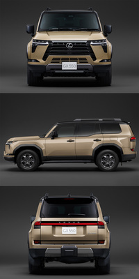 「レクサスGX」の3面図。　
	ほった「このフロントマスクですけど、一応これも『スピンドルグリル』だか『スピンドルボディー』なんですかね？」　
	清水「全然そうは見えないけどね。それでもちゃんとレクサス車だってわかるデザインになっているのは、スゴいよ」